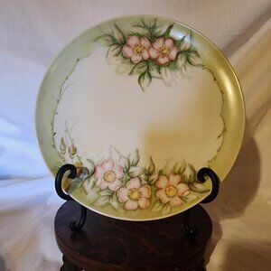 Vintage Green Pink Floral Hand Painted Plate - 9.25"